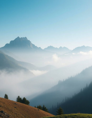 Foggy morning in the italian alps, Val di Fassaの写真素材