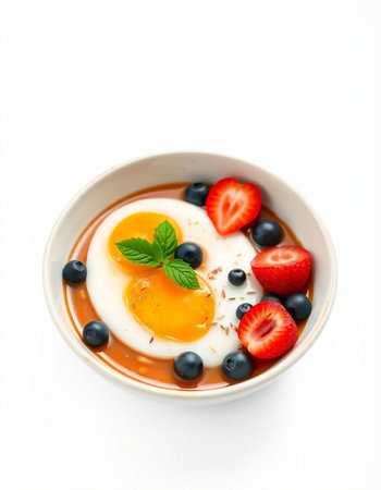 with strawberries and blueberries in a bowl on a white backgroundの写真素材