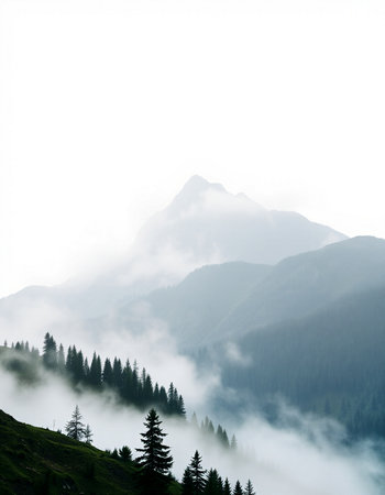 Mountain landscape with coniferous forest and fog in the morningの写真素材