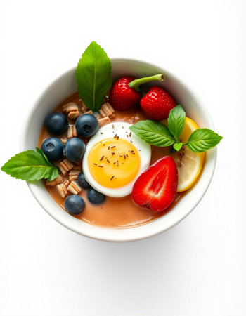 bowl of oatmeal porridge with berries and egg isolated on whiteの写真素材