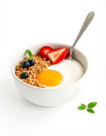 Breakfast with muesli, yogurt and strawberries on white background
