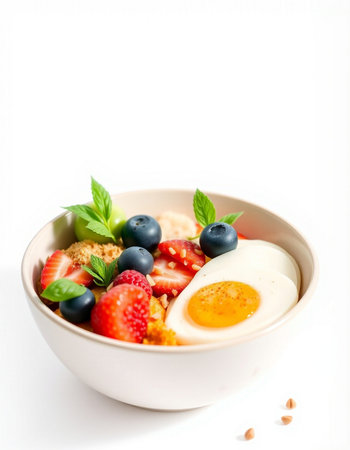 Healthy breakfast with fresh berries on white backgroundの写真素材