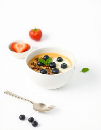 Healthy breakfast with muesli and berries on a white backgroundの写真素材