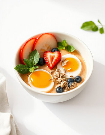 Healthy breakfast bowl with oatmeal, yogurt, berries and fruits.の写真素材