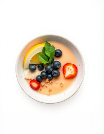 soup with berries and lemon on a white background, top viewの写真素材