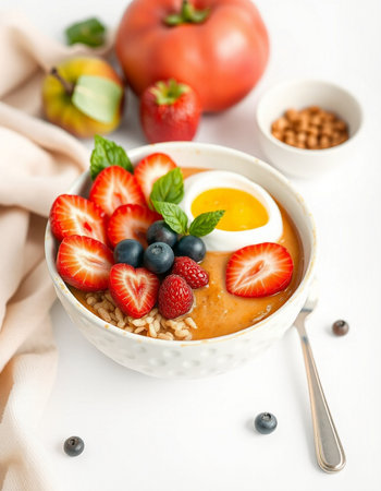 Healthy breakfast bowl with oatmeal, berries and egg on white backgroundの写真素材