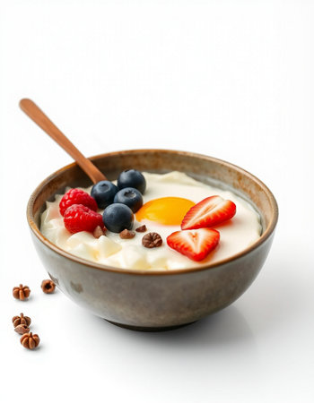 yogurt with fresh berries in a bowl isolated on white backgroundの写真素材