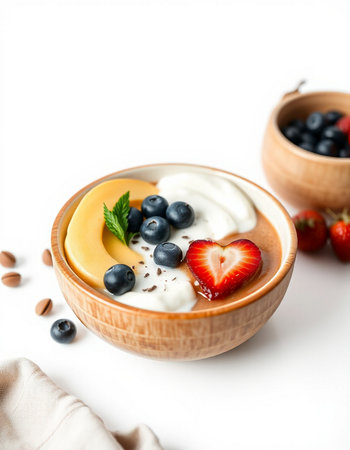 Greek yogurt with fresh berries in a wooden bowl on a white backgroundの写真素材