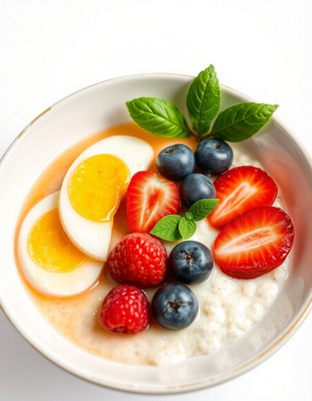 Oatmeal porridge with fresh berries and eggs. Healthy breakfast.の写真素材