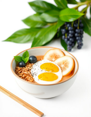 Bowl of oatmeal porridge with quail eggs and berriesの写真素材