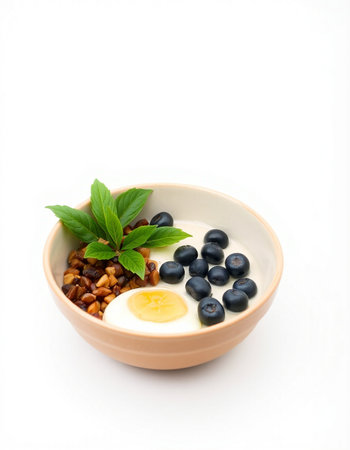 Bowl of yogurt with blueberries and granola isolated on white backgroundの写真素材