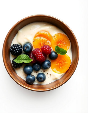 Yogurt with fresh berries in a bowl, isolated on whiteの写真素材