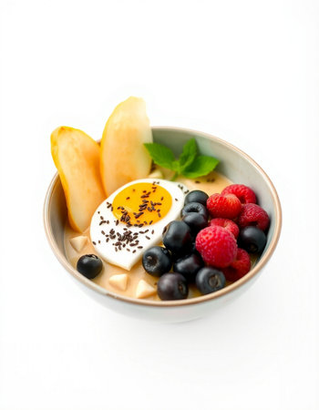 Healthy breakfast with berries and egg on white backgroundの写真素材