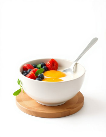Healthy breakfast with yoghurt and fresh berries on white backgroundの写真素材
