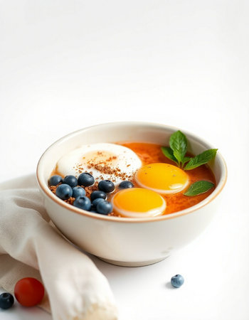 Breakfast with eggs and berries in a bowl on a white backgroundの写真素材