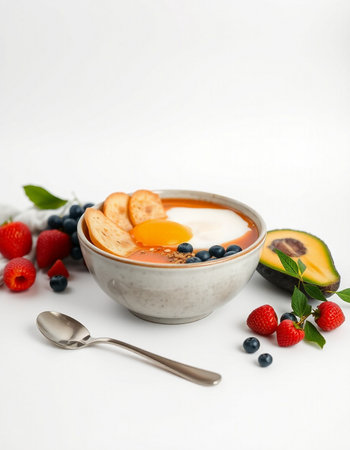 Healthy breakfast bowl with berries and egg on white backgroundの写真素材