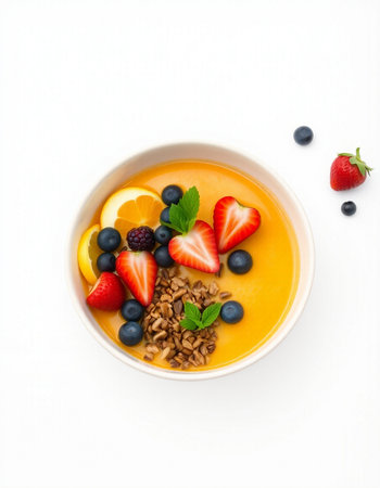 Orange smoothie bowl with berries and muesli isolated on white backgroundの写真素材