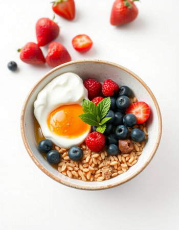 Healthy breakfast bowl with oatmeal, berries and eggs on white backgroundの写真素材