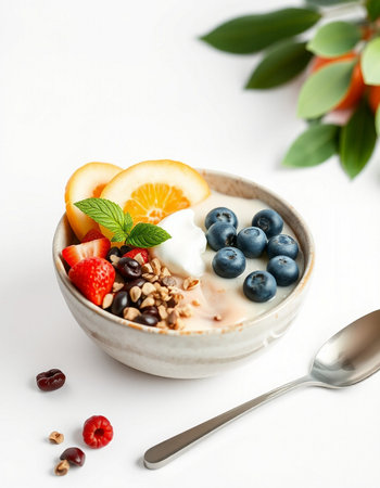 Healthy breakfast bowl with yogurt, berries and fruits on white backgroundの写真素材