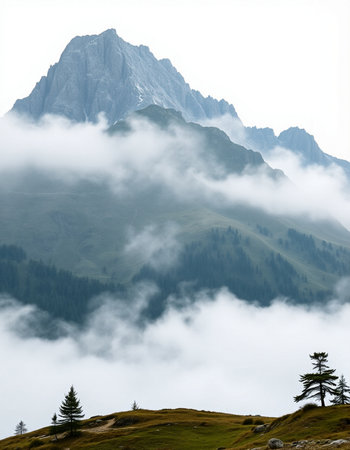 Foggy mountain landscape with pine trees in the foreground, Switzerlandの写真素材