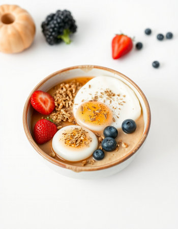 Healthy breakfast. Oatmeal porridge with fresh berries, eggs and granola on white backgroundの写真素材