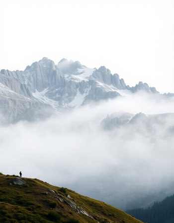 Mountain landscape with clouds and fog. Dolomites, Italyの写真素材