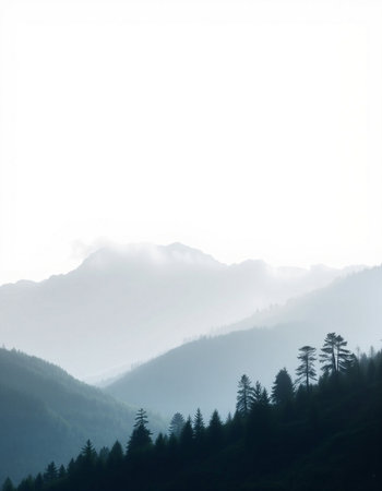 Mountain landscape with fog and coniferous forest on the slopeの写真素材
