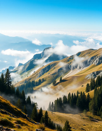 Mountain landscape with fog and clouds.の写真素材