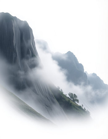 Mountain landscape with fog and mist in Himalayas, Nepalの写真素材