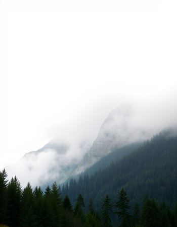 Foggy mountain landscape with coniferous forest in the foregroundの写真素材