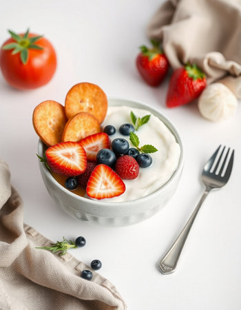 Greek yogurt with fresh berries on a white backgroundの写真素材