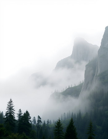 Mountain landscape with fog and mist in Yosemite National Park, California, USAの写真素材