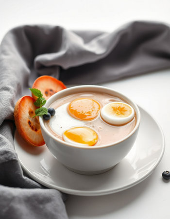 Cup of tasty yogurt soup with eggs on table, closeupの写真素材
