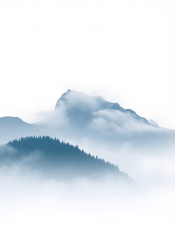 Mountain landscape with fog in the morning. Landscape with mountains and clouds.の写真素材