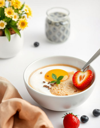 Breakfast with omelet and berries on a white background.の写真素材