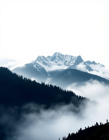 Mountain landscape with snow and fog in Himalayas, Nepalの写真素材