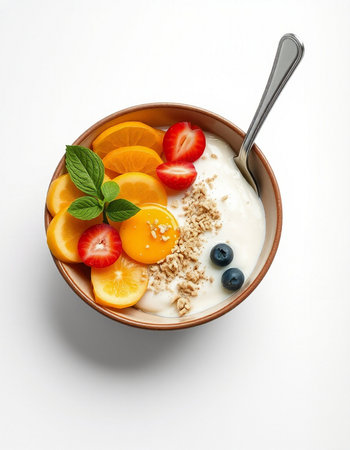 bowl of yogurt with fresh fruits on white background, healthy breakfast conceptの写真素材