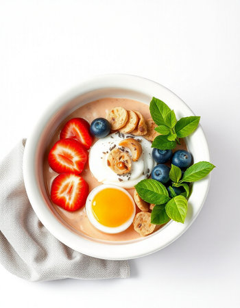 Breakfast bowl of oatmeal with strawberries, blueberries and eggの写真素材