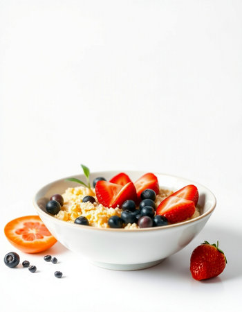 Healthy breakfast with oatmeal and berries on white background, selective focusの写真素材