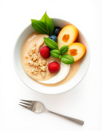 bowl of muesli with fruits and yogurt isolated on white backgroundの写真素材