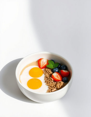 Healthy breakfast. Oatmeal with berries and egg in a bowl on white backgroundの写真素材