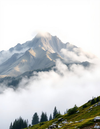 Mountain landscape with clouds and fog.の写真素材