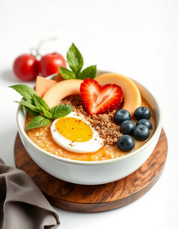 Bowl of oatmeal porridge with berries and egg, healthy breakfastの写真素材