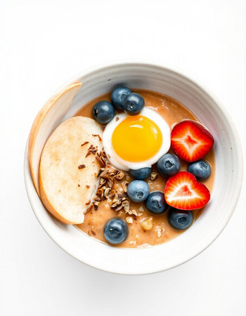 Bowl of oatmeal porridge with blueberries, strawberries and eggの写真素材
