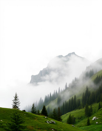 Mountain landscape with fog and coniferous forest in the foregroundの写真素材