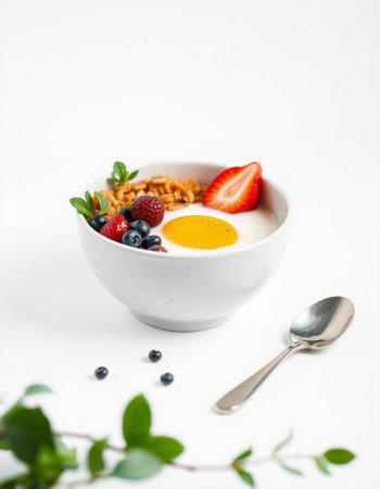 Breakfast with fresh berries and eggs on white backgroundの写真素材
