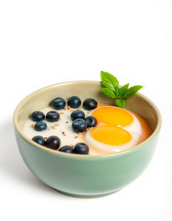 Yogurt with blueberries and egg in bowl isolated on white backgroundの写真素材