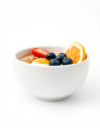 bowl of oatmeal with fruits and berries isolated on white background.の写真素材