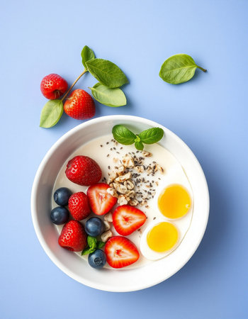 Healthy breakfast with yogurt, berries and eggs on blue background.の写真素材