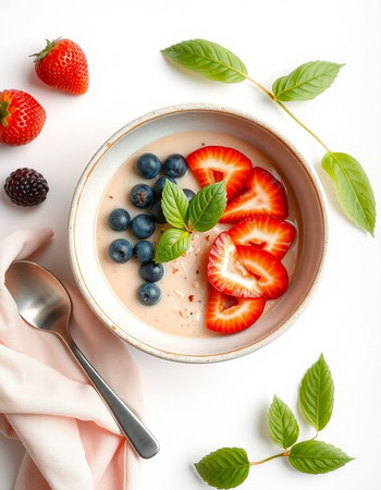 Smoothie bowl with fresh berries on white background, top viewの写真素材